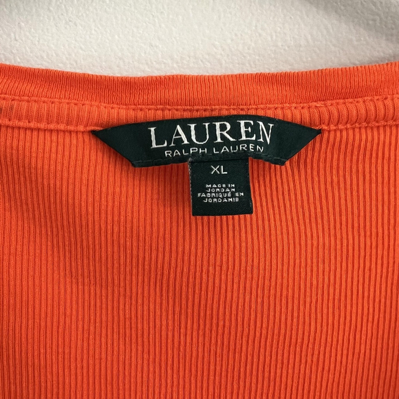 Lauren Ralph Lauren Shirt Womens XL Orange Ribbed Lace Up Neck Short Sleeve Top - Picture 10 of 12